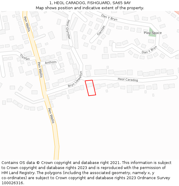 1, HEOL CARADOG, FISHGUARD, SA65 9AY: Location map and indicative extent of plot