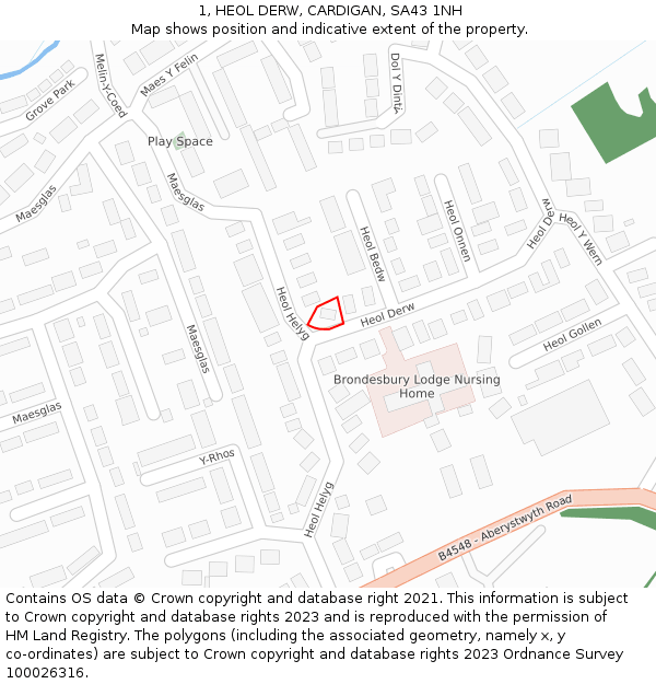 1, HEOL DERW, CARDIGAN, SA43 1NH: Location map and indicative extent of plot