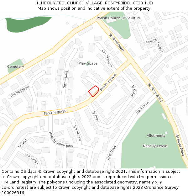 1, HEOL Y FRO, CHURCH VILLAGE, PONTYPRIDD, CF38 1UD: Location map and indicative extent of plot