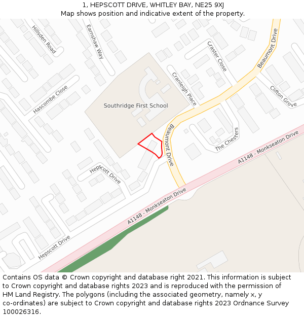 1, HEPSCOTT DRIVE, WHITLEY BAY, NE25 9XJ: Location map and indicative extent of plot