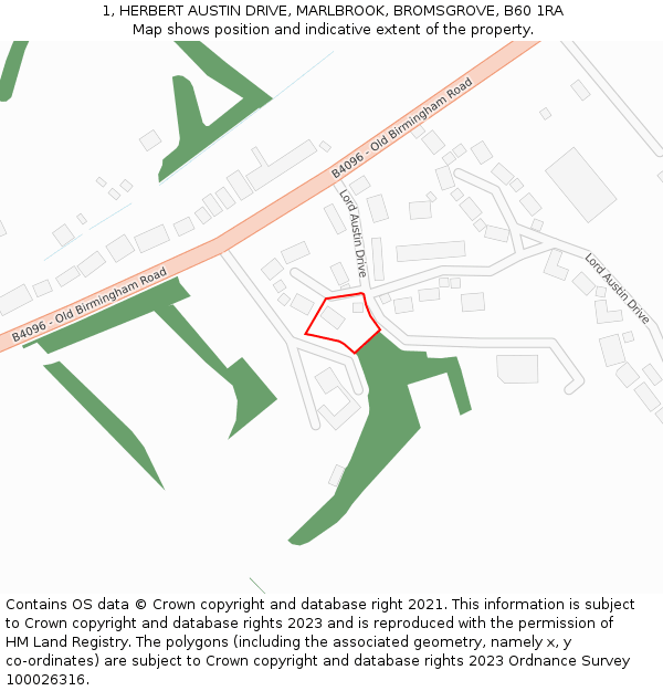 1, HERBERT AUSTIN DRIVE, MARLBROOK, BROMSGROVE, B60 1RA: Location map and indicative extent of plot