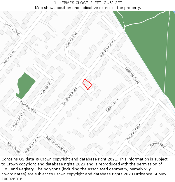 1, HERMES CLOSE, FLEET, GU51 3ET: Location map and indicative extent of plot