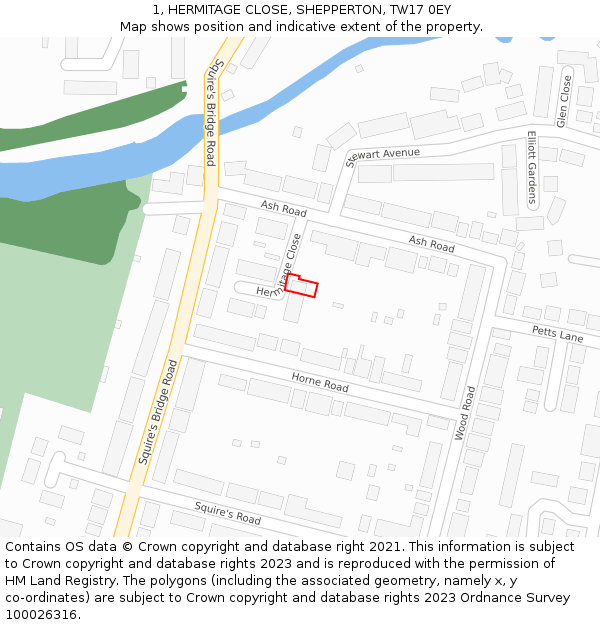 1, HERMITAGE CLOSE, SHEPPERTON, TW17 0EY: Location map and indicative extent of plot