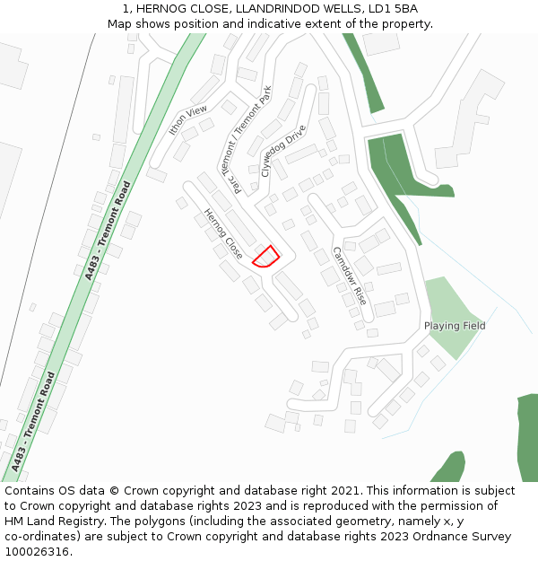 1, HERNOG CLOSE, LLANDRINDOD WELLS, LD1 5BA: Location map and indicative extent of plot