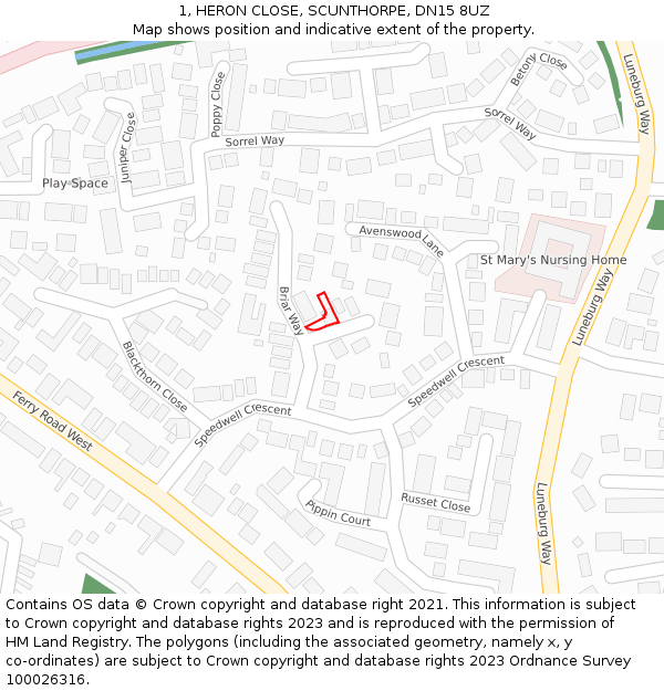 1, HERON CLOSE, SCUNTHORPE, DN15 8UZ: Location map and indicative extent of plot