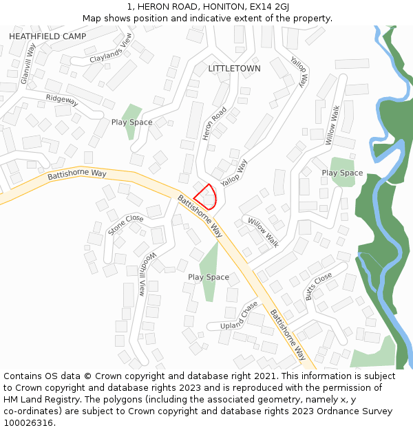 1, HERON ROAD, HONITON, EX14 2GJ: Location map and indicative extent of plot