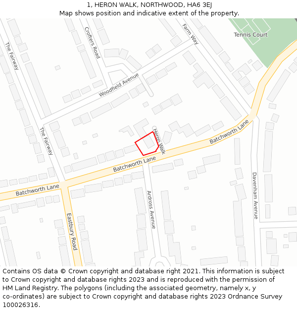 1, HERON WALK, NORTHWOOD, HA6 3EJ: Location map and indicative extent of plot