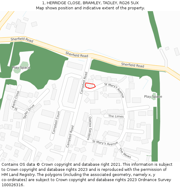 1, HERRIDGE CLOSE, BRAMLEY, TADLEY, RG26 5UX: Location map and indicative extent of plot