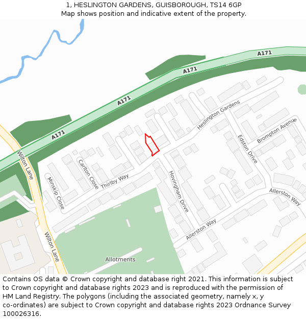 1, HESLINGTON GARDENS, GUISBOROUGH, TS14 6GP: Location map and indicative extent of plot