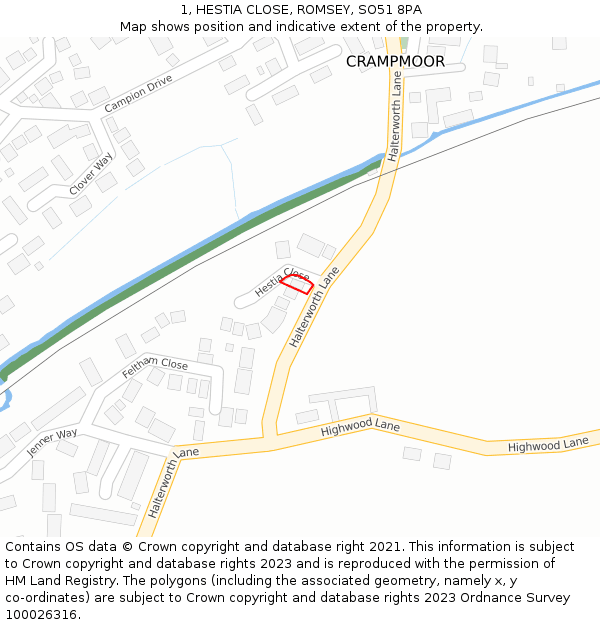 1, HESTIA CLOSE, ROMSEY, SO51 8PA: Location map and indicative extent of plot