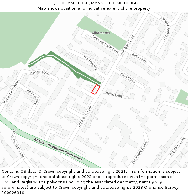 1, HEXHAM CLOSE, MANSFIELD, NG18 3GR: Location map and indicative extent of plot