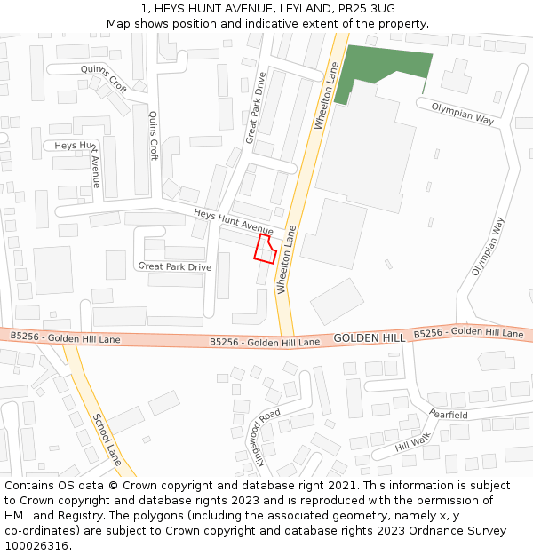 1, HEYS HUNT AVENUE, LEYLAND, PR25 3UG: Location map and indicative extent of plot