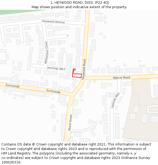 1, HEYWOOD ROAD, DISS, IP22 4DJ: Location map and indicative extent of plot