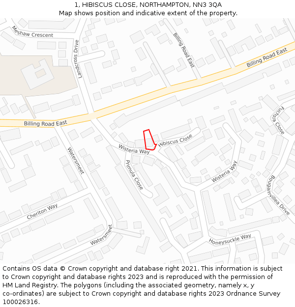 1, HIBISCUS CLOSE, NORTHAMPTON, NN3 3QA: Location map and indicative extent of plot