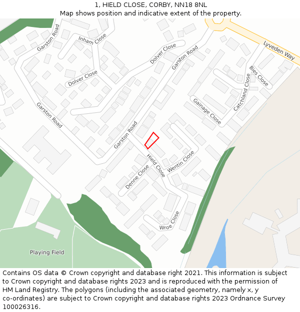 1, HIELD CLOSE, CORBY, NN18 8NL: Location map and indicative extent of plot