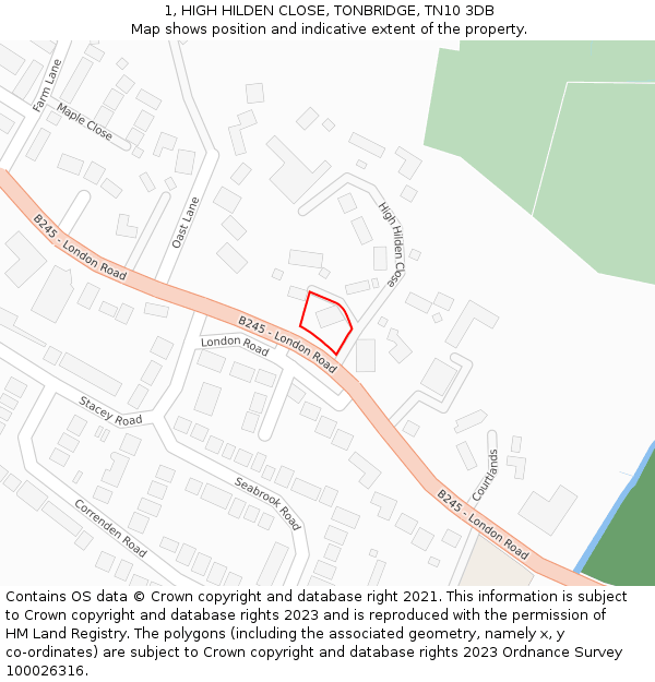1, HIGH HILDEN CLOSE, TONBRIDGE, TN10 3DB: Location map and indicative extent of plot