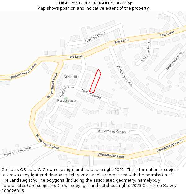 1, HIGH PASTURES, KEIGHLEY, BD22 6JY: Location map and indicative extent of plot