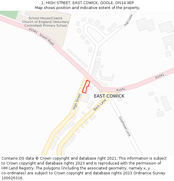 1, HIGH STREET, EAST COWICK, GOOLE, DN14 9EP: Location map and indicative extent of plot