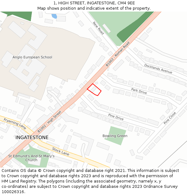 1, HIGH STREET, INGATESTONE, CM4 9EE: Location map and indicative extent of plot