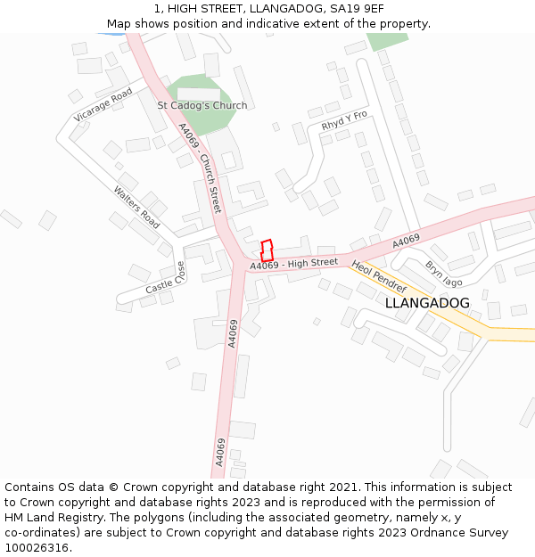 1, HIGH STREET, LLANGADOG, SA19 9EF: Location map and indicative extent of plot