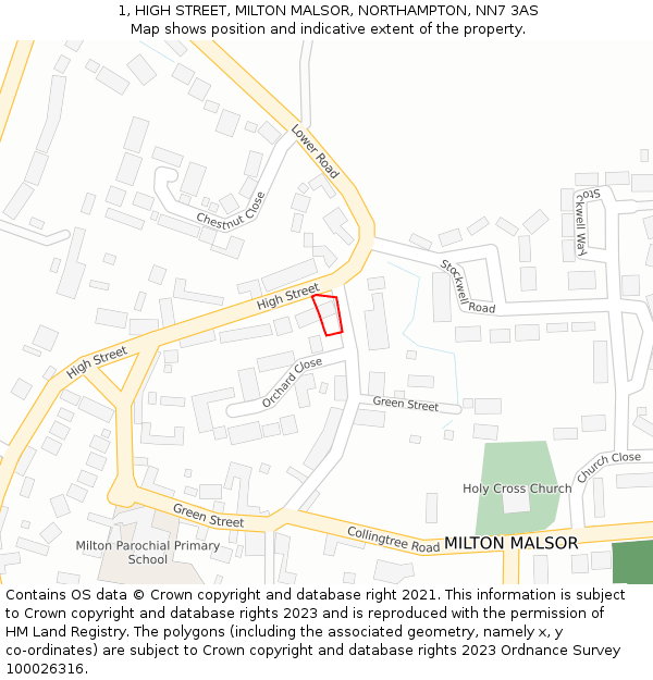 1, HIGH STREET, MILTON MALSOR, NORTHAMPTON, NN7 3AS: Location map and indicative extent of plot