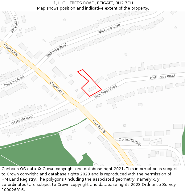 1, HIGH TREES ROAD, REIGATE, RH2 7EH: Location map and indicative extent of plot