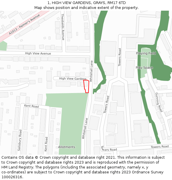 1, HIGH VIEW GARDENS, GRAYS, RM17 6TD: Location map and indicative extent of plot