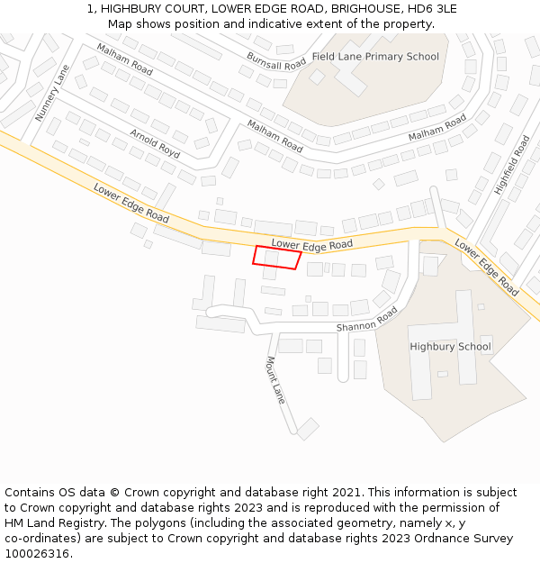 1, HIGHBURY COURT, LOWER EDGE ROAD, BRIGHOUSE, HD6 3LE: Location map and indicative extent of plot