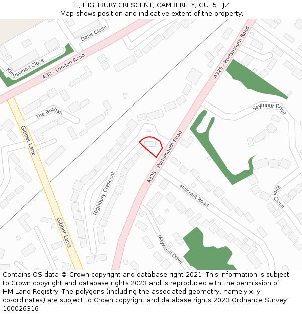 1, HIGHBURY CRESCENT, CAMBERLEY, GU15 1JZ: Location map and indicative extent of plot