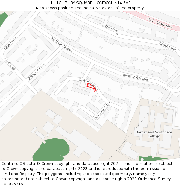 1, HIGHBURY SQUARE, LONDON, N14 5AE: Location map and indicative extent of plot