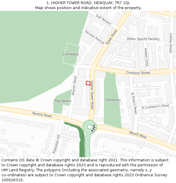 1, HIGHER TOWER ROAD, NEWQUAY, TR7 1QL: Location map and indicative extent of plot