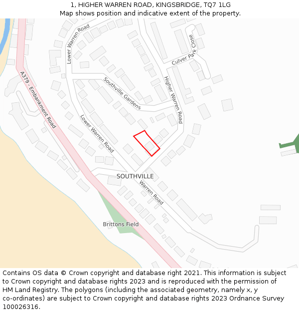 1, HIGHER WARREN ROAD, KINGSBRIDGE, TQ7 1LG: Location map and indicative extent of plot