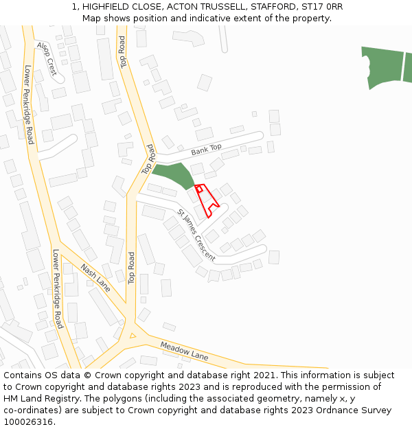 1, HIGHFIELD CLOSE, ACTON TRUSSELL, STAFFORD, ST17 0RR: Location map and indicative extent of plot