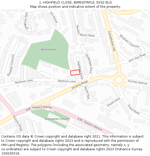 1, HIGHFIELD CLOSE, BARNSTAPLE, EX32 8LG: Location map and indicative extent of plot
