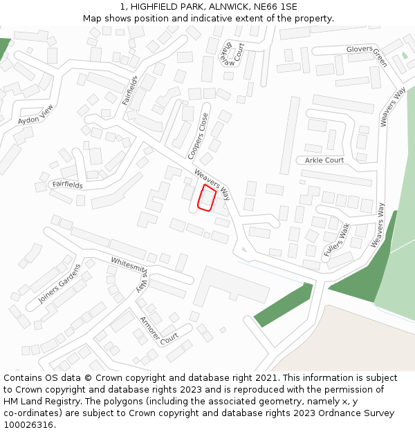 1, HIGHFIELD PARK, ALNWICK, NE66 1SE: Location map and indicative extent of plot