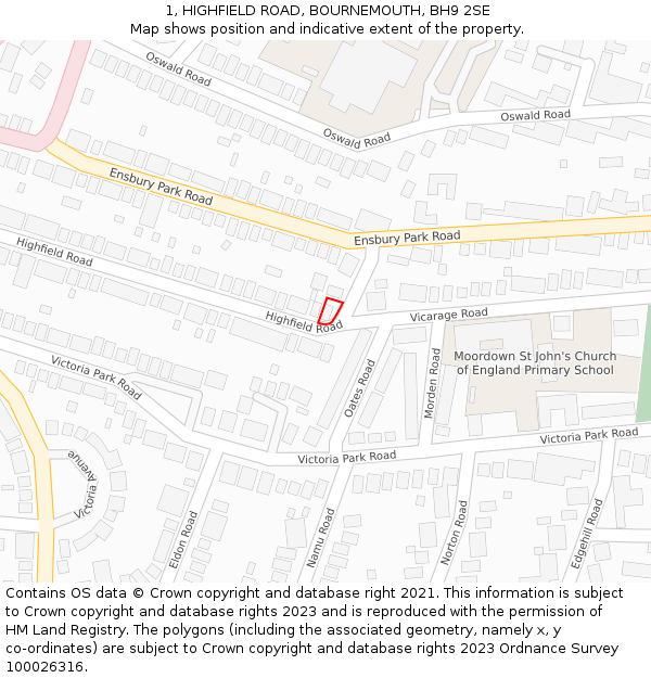 1, HIGHFIELD ROAD, BOURNEMOUTH, BH9 2SE: Location map and indicative extent of plot