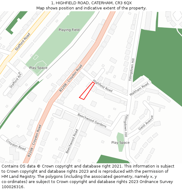 1, HIGHFIELD ROAD, CATERHAM, CR3 6QX: Location map and indicative extent of plot