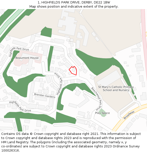 1, HIGHFIELDS PARK DRIVE, DERBY, DE22 1BW: Location map and indicative extent of plot