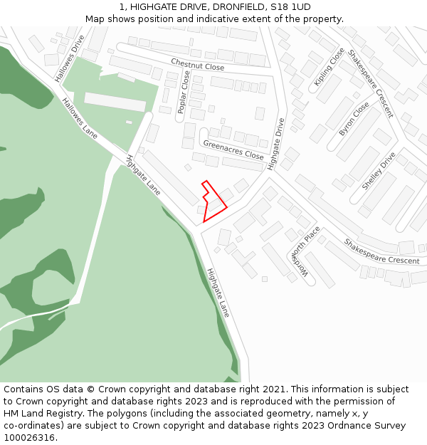 1, HIGHGATE DRIVE, DRONFIELD, S18 1UD: Location map and indicative extent of plot