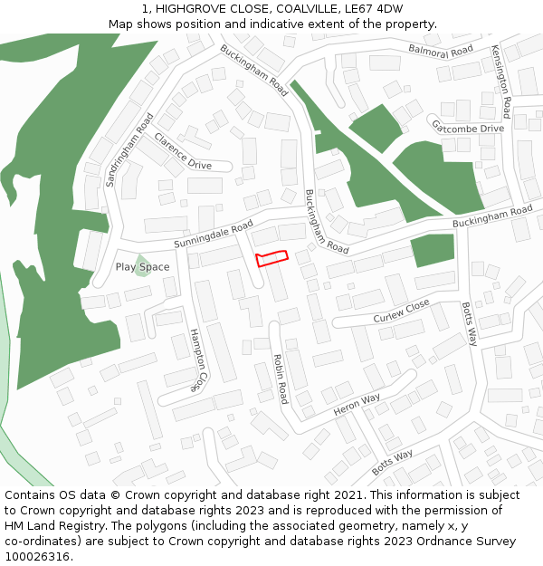 1, HIGHGROVE CLOSE, COALVILLE, LE67 4DW: Location map and indicative extent of plot