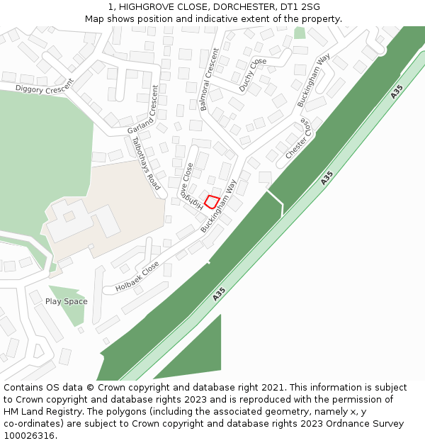 1, HIGHGROVE CLOSE, DORCHESTER, DT1 2SG: Location map and indicative extent of plot