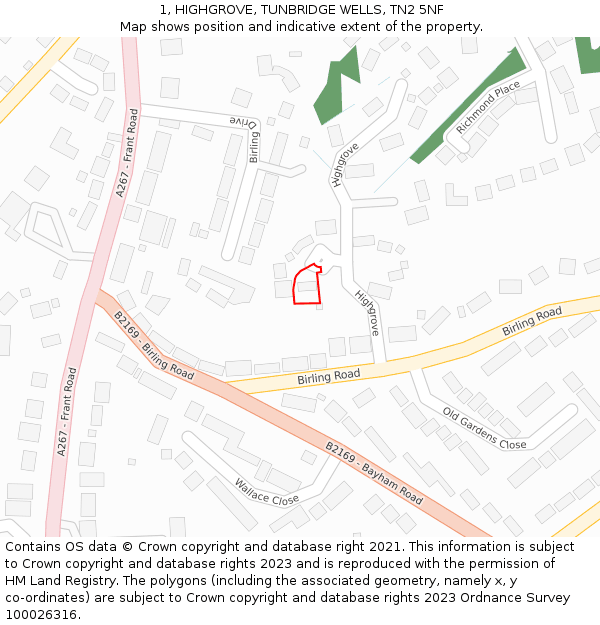 1, HIGHGROVE, TUNBRIDGE WELLS, TN2 5NF: Location map and indicative extent of plot
