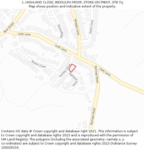 1, HIGHLAND CLOSE, BIDDULPH MOOR, STOKE-ON-TRENT, ST8 7LJ: Location map and indicative extent of plot