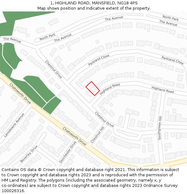 1, HIGHLAND ROAD, MANSFIELD, NG18 4PS: Location map and indicative extent of plot