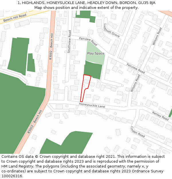 1, HIGHLANDS, HONEYSUCKLE LANE, HEADLEY DOWN, BORDON, GU35 8JA: Location map and indicative extent of plot