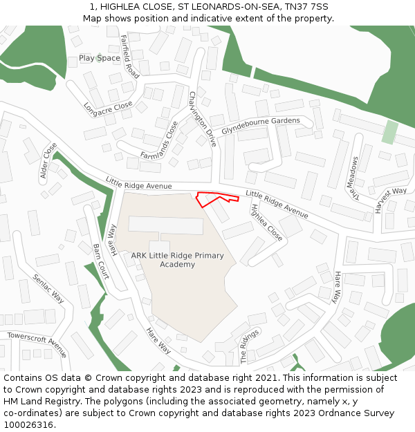 1, HIGHLEA CLOSE, ST LEONARDS-ON-SEA, TN37 7SS: Location map and indicative extent of plot