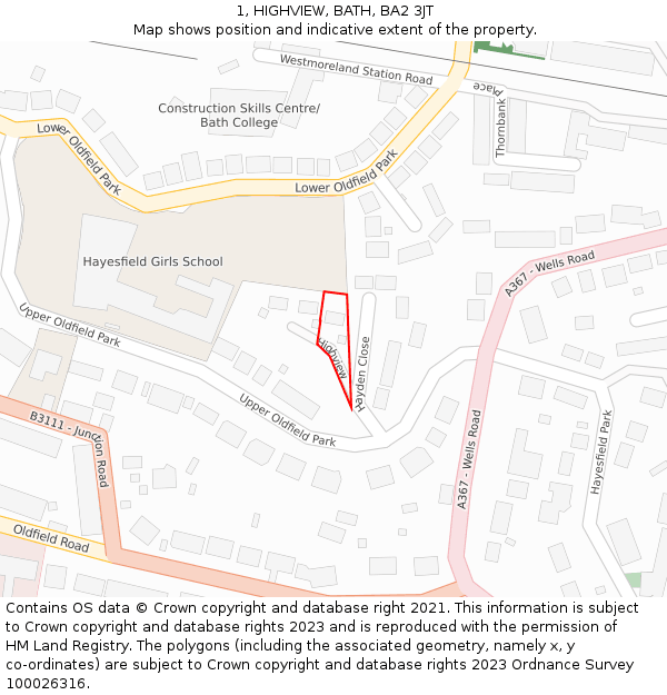 1, HIGHVIEW, BATH, BA2 3JT: Location map and indicative extent of plot