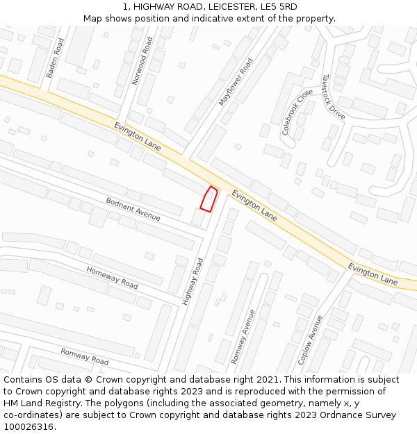 1, HIGHWAY ROAD, LEICESTER, LE5 5RD: Location map and indicative extent of plot