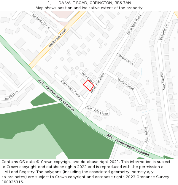 1, HILDA VALE ROAD, ORPINGTON, BR6 7AN: Location map and indicative extent of plot