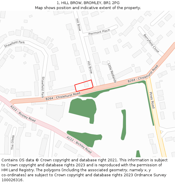 1, HILL BROW, BROMLEY, BR1 2PG: Location map and indicative extent of plot